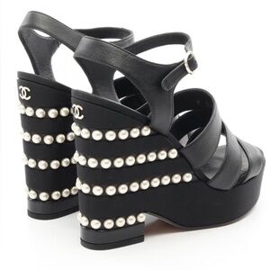 Chanel Black Leather Pearl-Embellished Platform Wedge Sandals